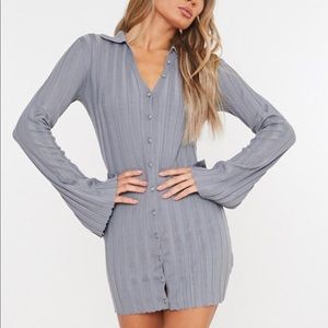 Gray Grandad Button Front Knitted Mini Dress